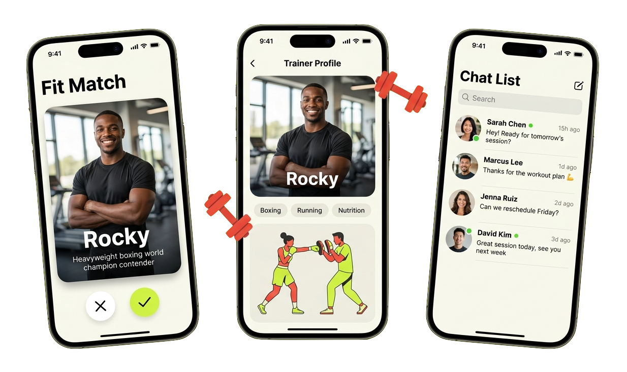 Three iPhones showing the Fit Match app: a trainer match card, a trainer profile, and the chat list